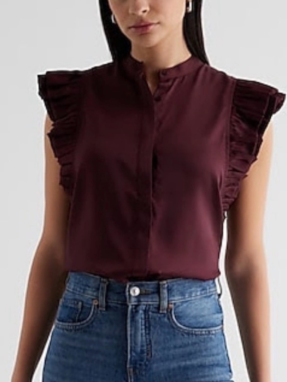 Express Ruffled Sleeve Mock Neck Tank Top - Burgundy